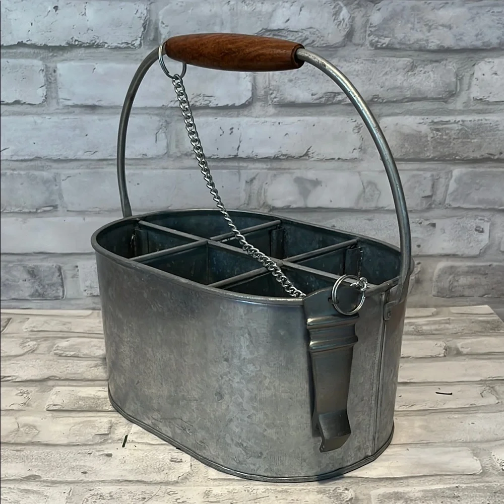 Pottery Barn Silver Metal 6 pack beer Caddy with Handle and bottle opener